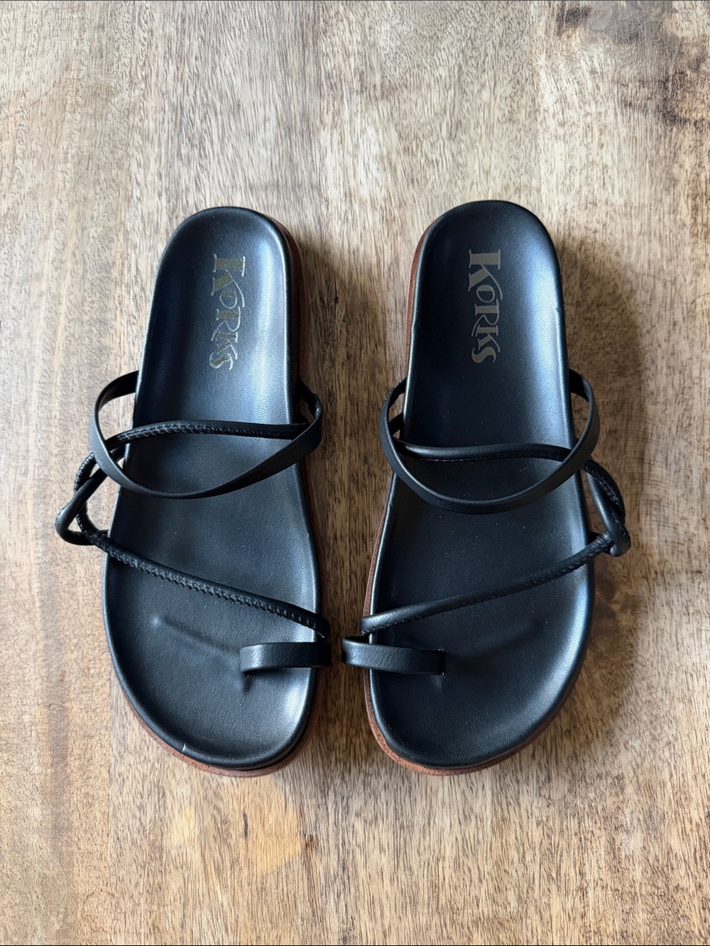 Kork-Ease Black Leather Crossover Strap Slide Sandals